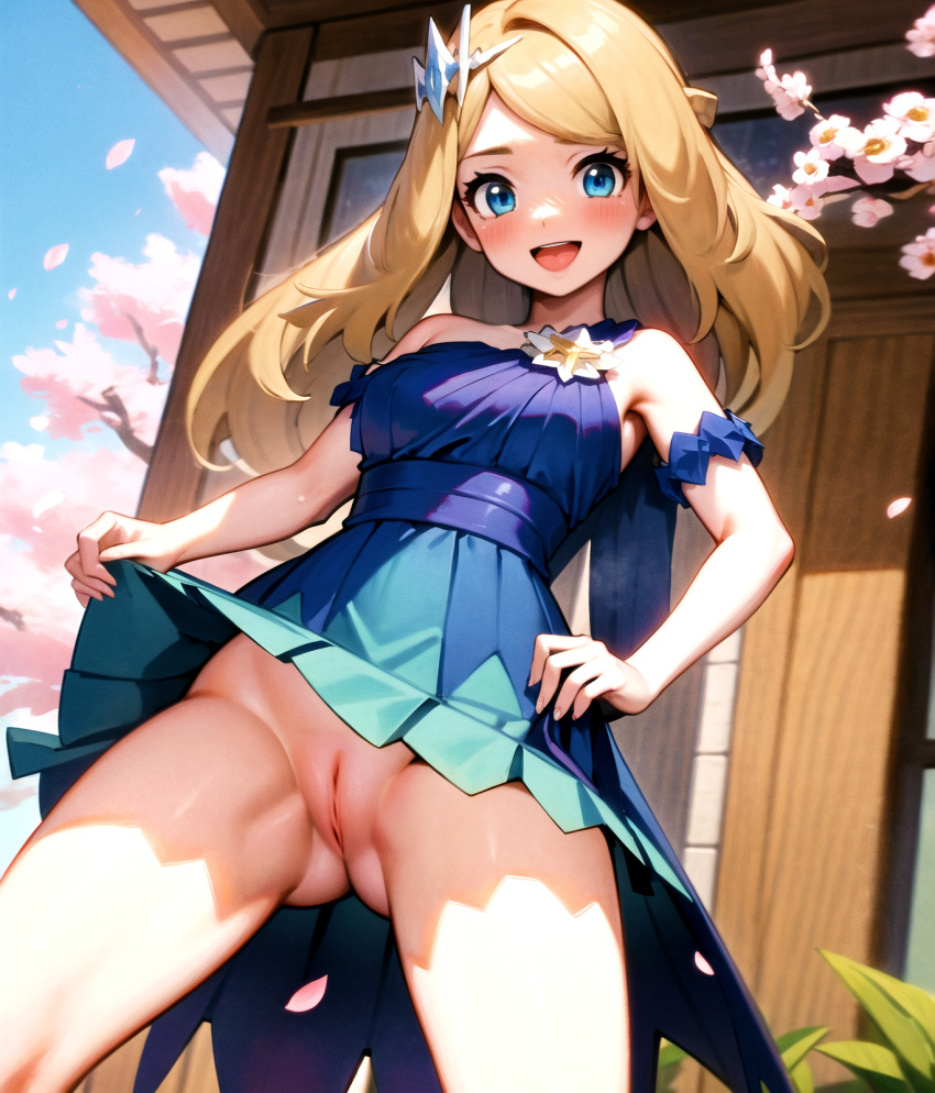 1girls ai_generated alternate_costume blonde_hair blue_eyes blush bottomless cameltoe cherry_blossoms dress dress_lift exhibitionism female flower game_freak kujai long_hair nintendo nopan official_alternate_costume outdoors_nudity pokemon pokemon_(game) pokemon_masters pokemon_xy pussy serena_(champion)_(pokemon_masters) serena_(pokemon) smile solo thighs uncensored