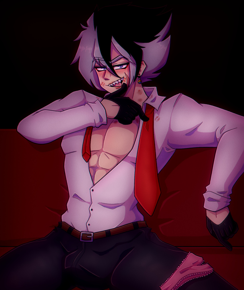 abs black_gloves black_pants blue_eyes grey_hair hickey hickey_marks humanization humanized kiss_marks loquendero loquendo loquendo_youtuber male_only oc open_legs open_mouth open_shirt original_character pecs pectorals pink_underwear potara_earrings red_eyeliner red_tie scar_on_face sharp_teeth sitting_on_couch smug_expression smug_eyes smug_face smug_grin smug_smile storm_(stormstudios) stormstudios teasing_viewer tongue_out underwear untied_tie white_shirt youtube_avatar youtube_hispanic youtuber youtuber_boy