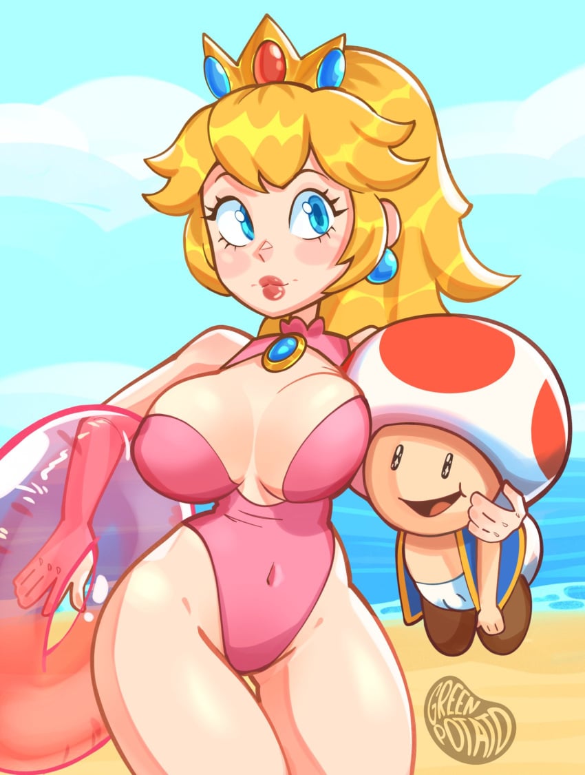 1boy 1girls beach big_breasts big_lips bikini blonde_hair blue_eyes breasts cleavage female female_focus greenpotato holding_innertube holding_person innertube male mario_(series) nintendo ocean one-piece_swimsuit outdoors pink_swimsuit ponytail princess_peach smaller_male standing super_mario_bros. swimsuit thighs tied_hair toad_(mario) wide_hips