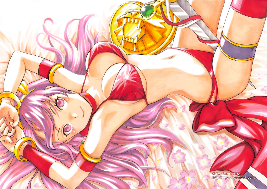 armpits arms_above_head artist_name athena_(series) big_breasts bikini breasts busty cleavage female female female_only large_breasts long_hair looking_at_viewer lying navel pink_eyes pink_hair pose posing princess_athena red_bikini sensual shield smile snk solo swimsuit sword weapon