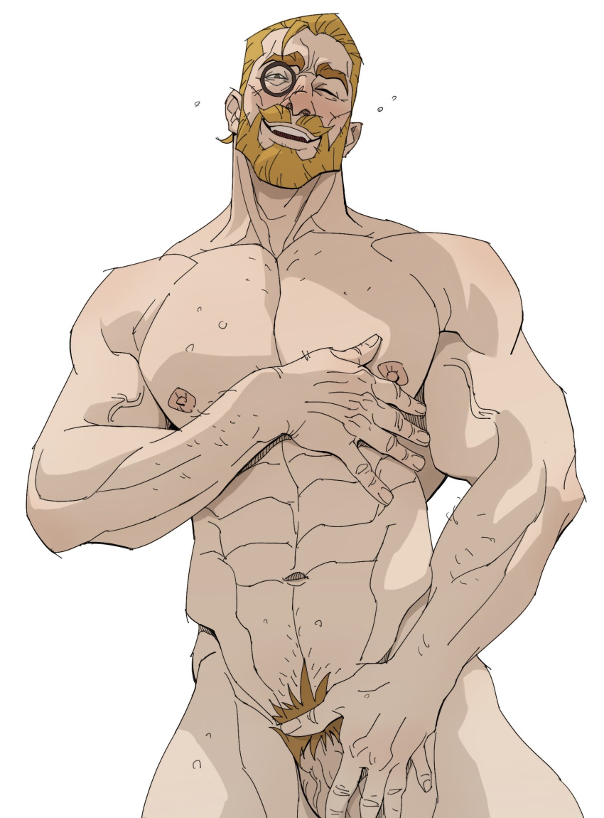 1boy 2023 abs bak60653570 balls bara barazoku beard biceps big_balls big_penis blonde_hair blush completely_nude cyrus_(genshin_impact) facial_hair gay genshin_impact hairy half-erect hi_res highres looking_at_viewer male male_focus male_nipples male_only male_pubic_hair manly muscles muscular muscular_arms muscular_male nipples nude penis solo solo_male touching_penis vein veiny_penis zoisek