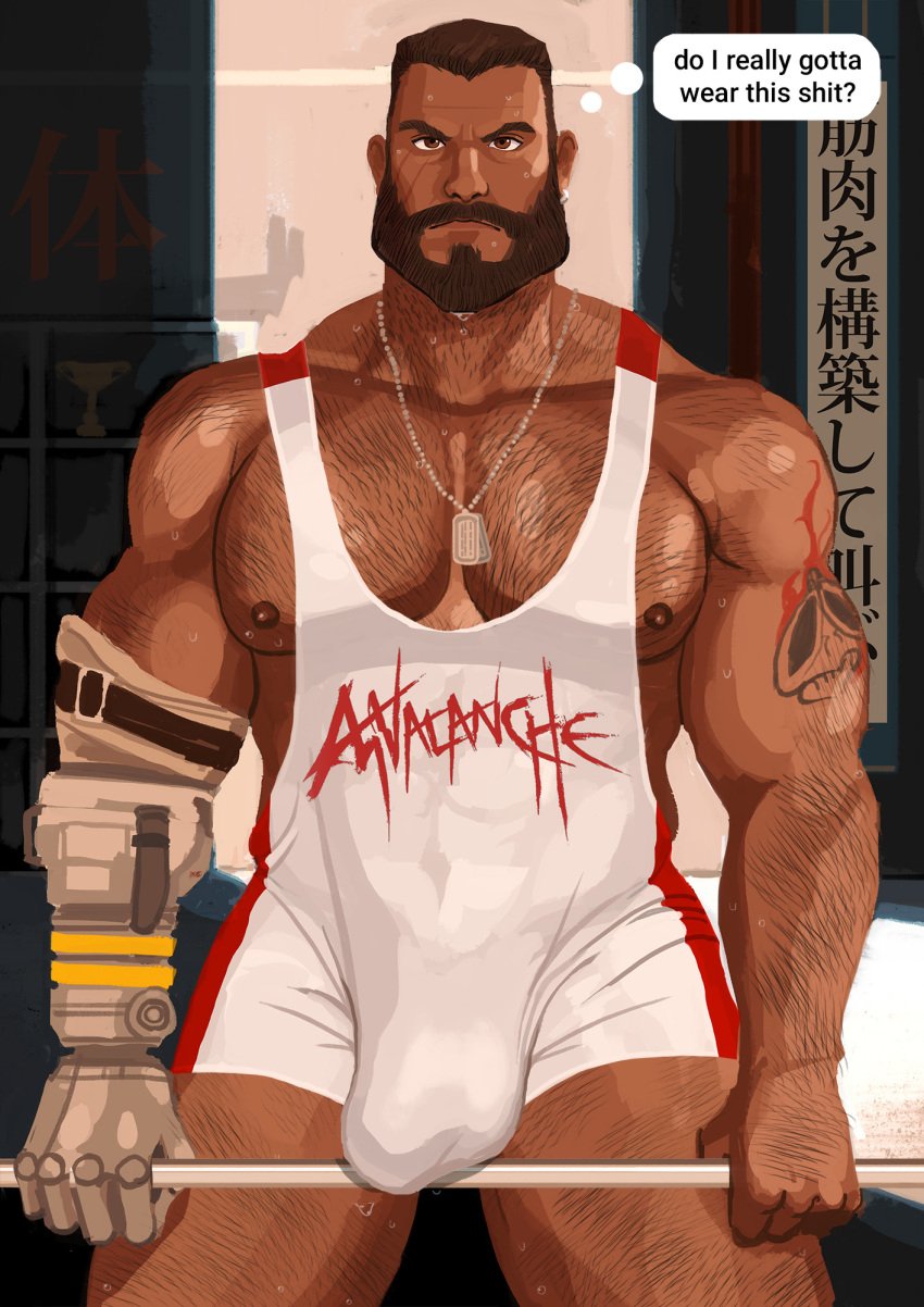 balls bara barret_wallace beard black_hair body_hair bulge dark-skinned_male dark_skin facial_hair final_fantasy final_fantasy_vii hudsona male male_only muscles muscular penis prosthetic_arm singlet solo solo_male sweat sweating weightlifting