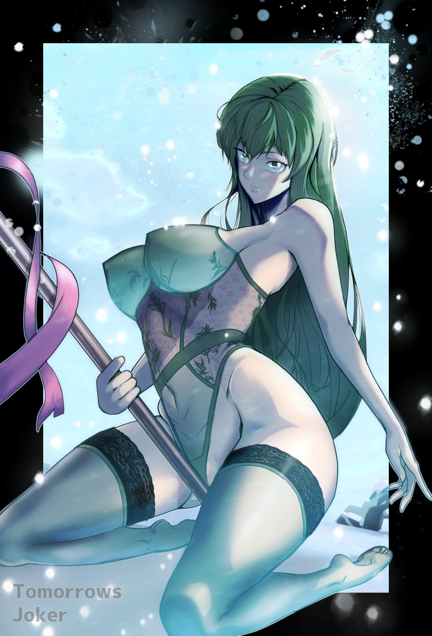 1girls armpits ass_visible_through_thighs bare_thighs between_legs blue_background breasts covered_navel covered_nipples erinys_(fire_emblem) female female_only fire_emblem fire_emblem:_genealogy_of_the_holy_war green_eyes green_hair hourglass_figure kneeling large_breasts leotard lingerie long_hair mature mature_female nintendo see-through smile solo spear thick_thighs thighs tomorrowsjoker very_long_hair weapon wide_hips