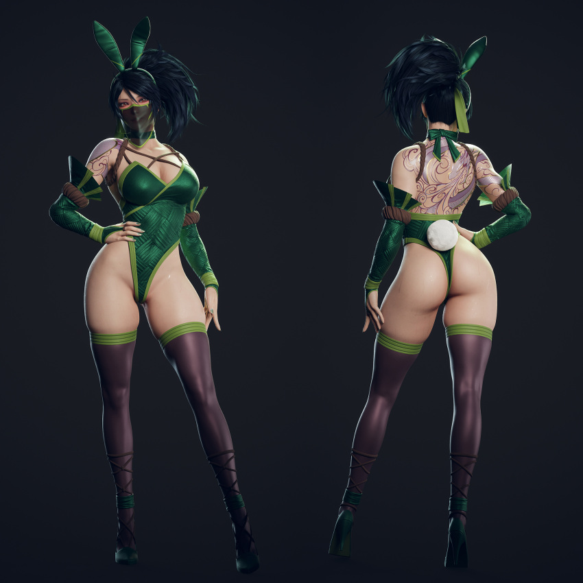 1girls 3d akali ass back_view big_breasts black_hair breasts bunny_ears bunny_girl bunny_tail bunnysuit clothed female female_focus female_only gloves high_heels highres large_breasts league_of_legends league_of_legends:_wild_rift leotard looking_at_viewer multiple_poses orange_eyes ponytail riot_games ryanreos tagme thick_thighs thigh_highs thighs veil