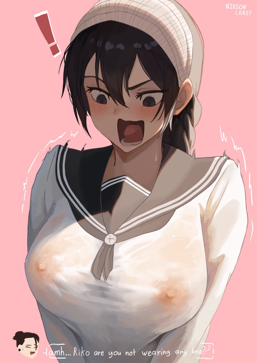 1boy 1girls amanai_riko blush embarrassed erect_nipples erect_nipples_under_clothes exposed_nipples female jujutsu_kaisen large_breasts mappa niksoncrazy nipples no_bra open_mouth schoolgirl suguru_geto