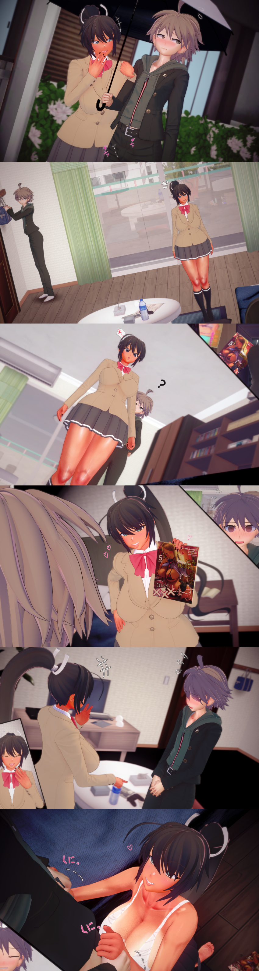 1boy 1girls arms_wrapped_around_partner comic_strip danganronpa female home homura_(senran_kagura) humiliated koikatsu male naegi_makoto senran_kagura spidey-dude straight_hair