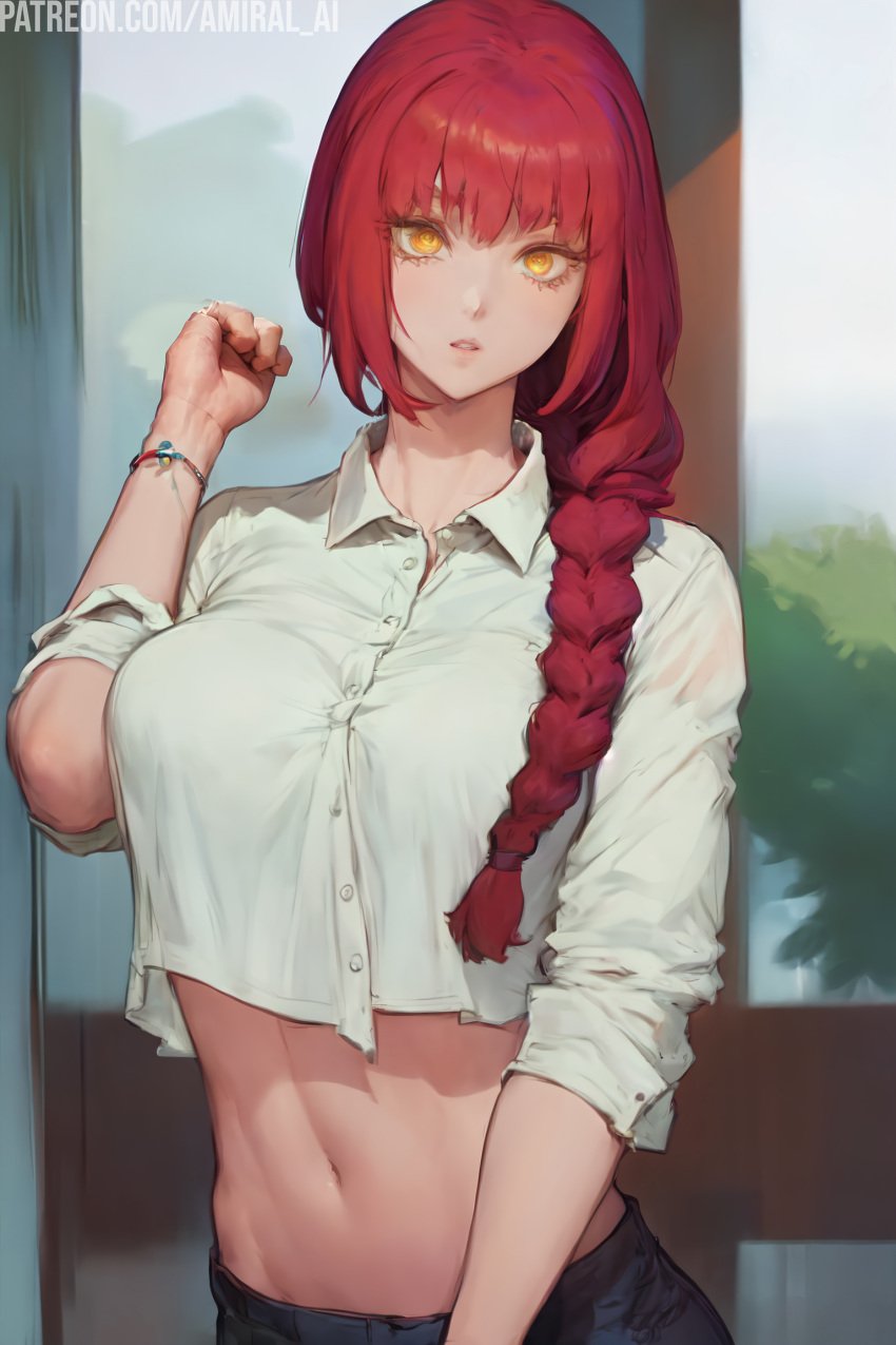 1girls ai_generated amiral_ai braided_hair breasts chainsaw_man clothed cutesexyrobutts_(style) cutesexyrobutts_ai_artstyle_imitation female large_breasts light-skinned_female light_skin long_hair makima_(chainsaw_man) office_lady red_hair stable_diffusion yellow_eyes