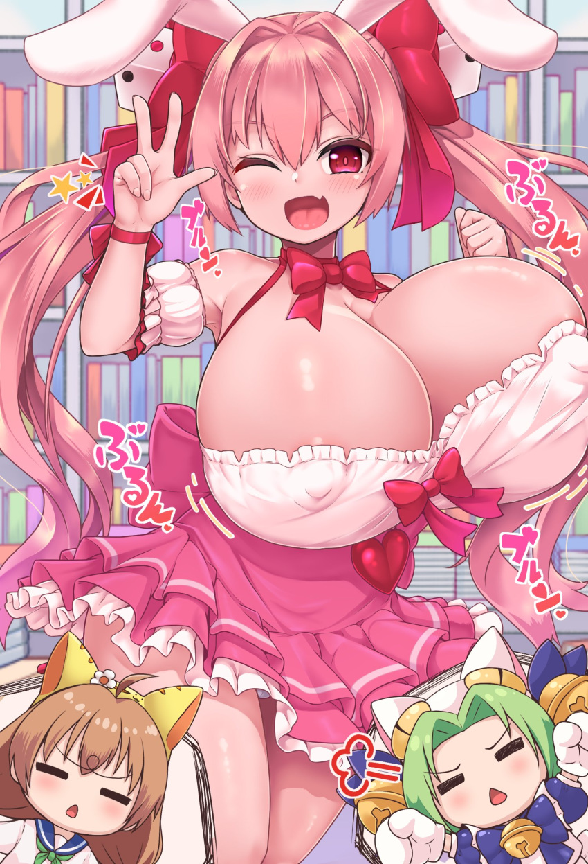 3girls =_= animal_ears areola_slip big_breasts blush bouncing_breasts breasts bunny_ears bursting_breasts chiroshiron closed_eyes curvy cute_fang dejiko di_gi_charat dice fangs female gigantic_breasts huge_breasts human japanese_text light-skinned_female light_skin long_hair looking_at_viewer nipple_bulge one_eye_closed pink_hair puchiko skirt smile solo_focus thick_thighs twintails usada_hikaru v voluptuous wide_hips wink