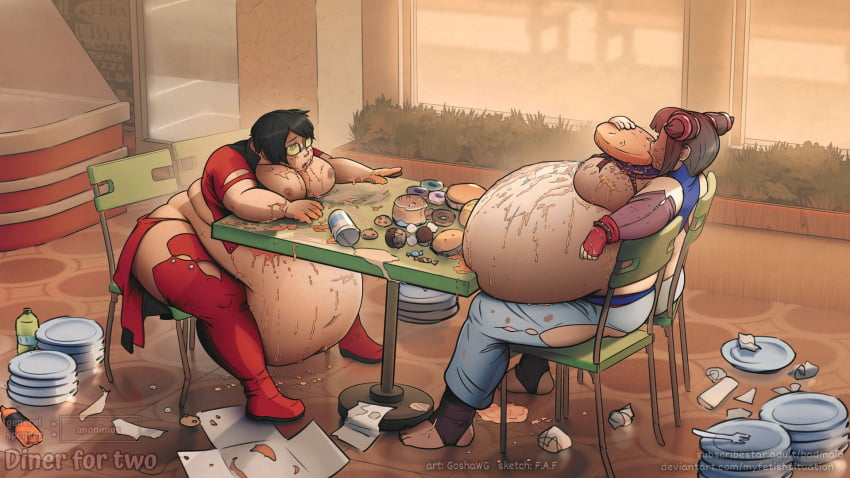 2girls belly big_belly big_breasts black_hair breasts eating empty_plates fat female food food_stains glasses goshawg guilty_gear huge_belly i-no juri_han nipples obese overweight overweight_female plate slob street_fighter stuffed stuffed_belly stuffing table thick_thighs thighs torn_clothes weight_gain