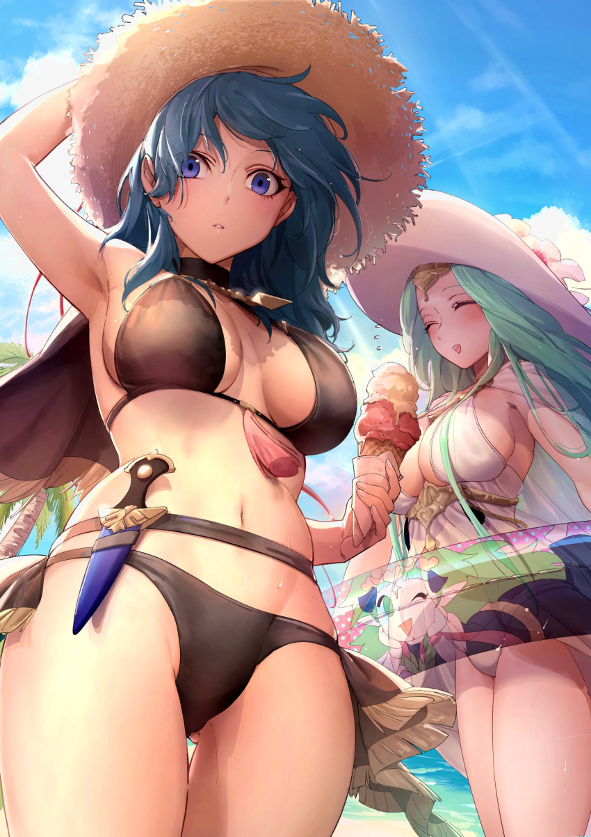 2girls alternate_costume arm_up armpits ass_visible_through_thighs beach bikini black_bikini black_capelet black_choker black_swimsuit blue_eyes blue_hair blue_sky blush breasts brown_headwear byleth_(female)_(fire_emblem) byleth_(female)_(summer)_(fire_emblem) byleth_(fire_emblem) byleth_(fire_emblem)_(female) cape capelet character_print choker cleavage closed_eyes cloud cloudy_sky commentary cowboy_shot dagger day english_commentary female female_only fire_emblem fire_emblem:_three_houses fire_emblem_heroes flower green_hair hand_on_headwear hat hat_flower highres holding_ice_cream_cone holster huge_breasts ice_cream ice_cream_cone innertube knife large_breasts light_rays long_hair looking_at_viewer moyashi_mou2 multi-strapped_bikini multiple_girls navel nintendo ocean official_alternate_costume open_mouth outdoors palm_tree parted_lips rhea_(fire_emblem) rhea_(summer)_(fire_emblem) sheath sheathed sideboob sky smile sothis_(fire_emblem) standing stomach straw_hat sun_hat sunlight swimsuit tassel teal_hair thigh_gap thigh_holster thighs tree weapon white_bikini white_cape white_headwear white_swimsuit wind