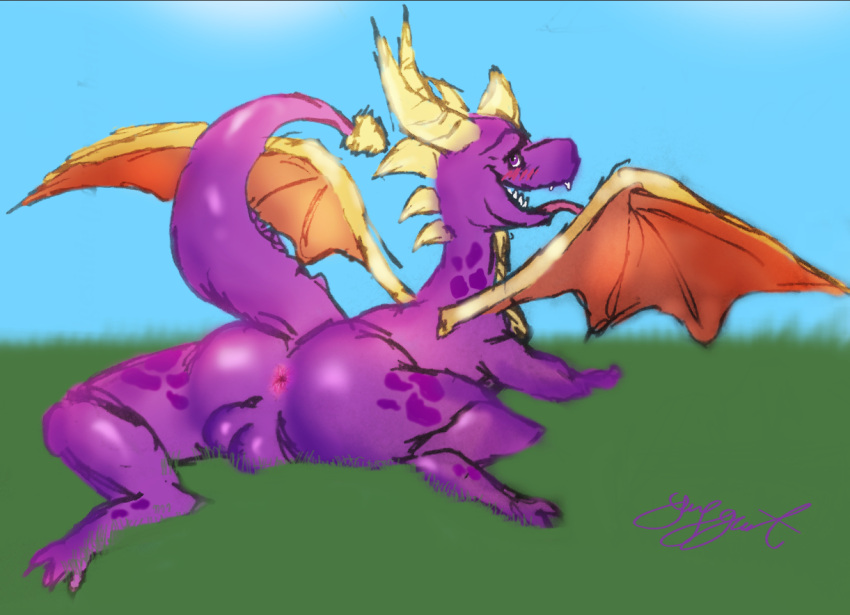 activision anus backsack balls blush dragon gaygoat genitals horn male pink_anus presenting presenting_anus purple_body purple_skin quadruped scalie solo spyro spyro_the_dragon tongue tongue_out wings