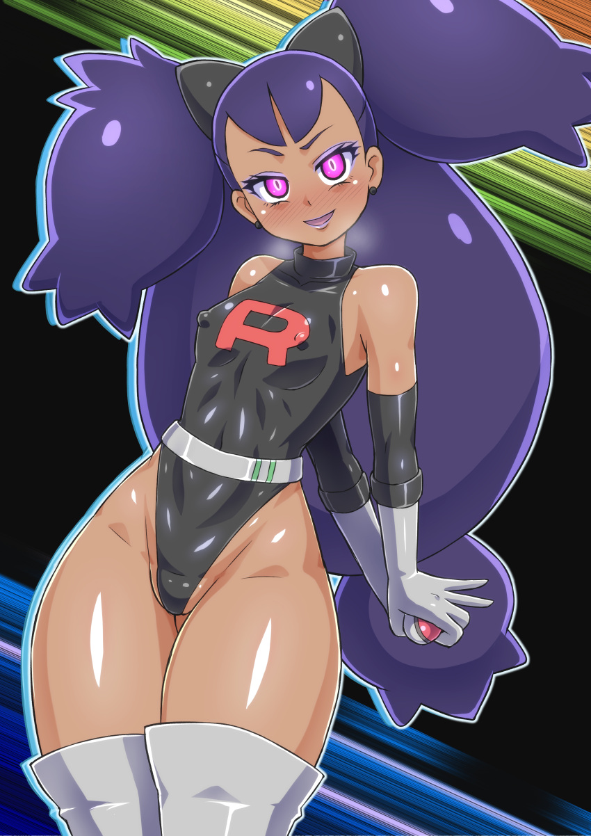 1girls black_leotard boots brainwashed brainwashing breasts covered_erect_nipples curvy dark-skinned_female enemy_conversion erect_nipples female female_focus gloves gym_leader highleg highleg_leotard highres hypnosis iris_(pokemon) knee_boots latex leotard mind_control nintendo nipples nipples_visible_through_clothing no0o0n0o0on pink_eyes pokeball pokemon pokemon_rgby small_breasts solo team_rocket thick_thighs thigh_boots thighhighs thighs wide_hips