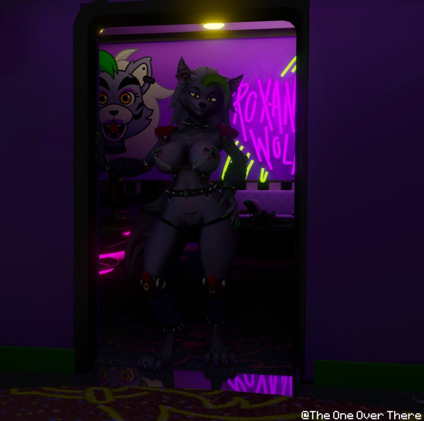 3d 3d_model animatronic anthro arm_warmers armwear breasts canid canine canis clothing collar digitigrade ear_piercing ear_ring female fingers five_nights_at_freddy's five_nights_at_freddy's:_security_breach fnaf furry genitals hi_res inviting looking_at_viewer machine mammal mayosplash nude pasties piercing presenting pubic_tattoo pussy ring_piercing robot roxanne_wolf_(fnaf) roxanne_wolf_(mayosplash) scottgames seductive smile smiling_at_viewer solo spiked_collar spikes steel_wool_studios the_one_over_there wolf