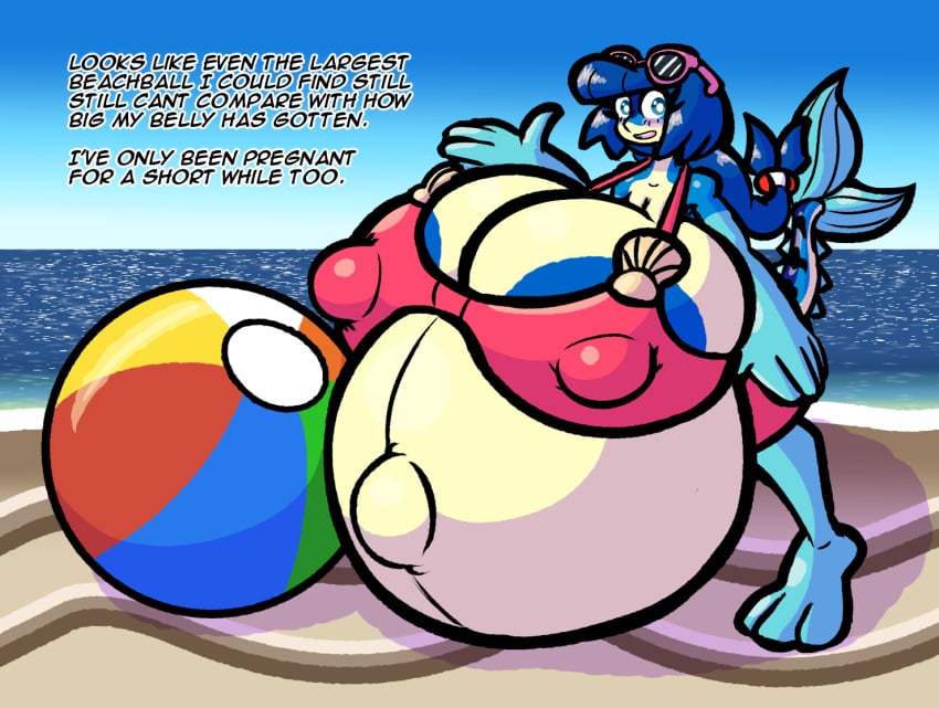 anthro areola areola_slip ball beach beach_ball big_areola big_breasts big_nipples blue_body blue_eyes blue_hair blush breasts bulging_breasts clothing dialogue eyewear eyewear_on_head female fish fish_tail hair huge_areola huge_breasts huge_nipples hyper hyper_breasts hyper_pregnancy inflatable mackenzie_(sprucy) mackerel_(fish) marine navel nipple_outline nipples non-mammal_breasts outie_navel pink_clothing pink_swimwear pregnant pregnant_female scombrid scombriform sea seaside solo sprucy sunglasses sunglasses_on_head swimwear water