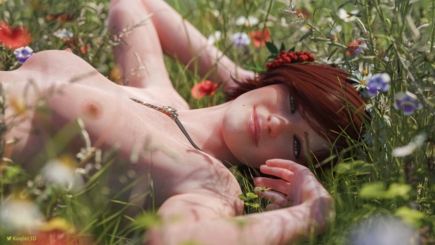 1girls 3d 3d_(artwork) amulet breasts casual female female_only flower grass human koelet3d looking_at_viewer lying lying_on_back necklace neckwear nipples pale_skin pendant red_hair shani solo solo_female the_witcher the_witcher_(series) the_witcher_3:_wild_hunt topless