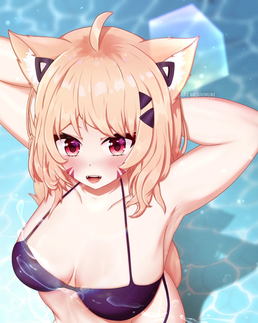 1girl 1girls :d ahoge animal_ears armpits arms_up artist_name bikini bikini_top black_bikini blonde_hair blush breasts cat_ears cat_tail catgirl caustics collarbone eyebrows_visible_through_hair face_markings female female_only from_above large_breasts light-skinned_female light_brown_hair light_skin looking_at_viewer open_mouth partially_submerged pink_eyes pool poolside red_eyes short_hair smile solo squchan_(vtuber) swimsuit virtual_youtuber vyugen water wet