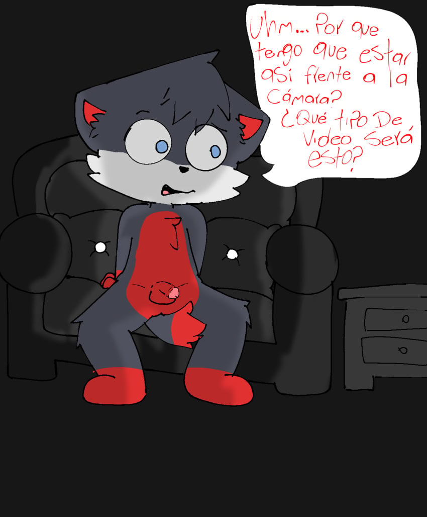 black_fur blue_eyes confused_look cub furry karldraws open_mouth penis penis_out red_fur simple_background simple_shading sitting small_penis sofa spaikilove spanish_text tiktok tiktoker