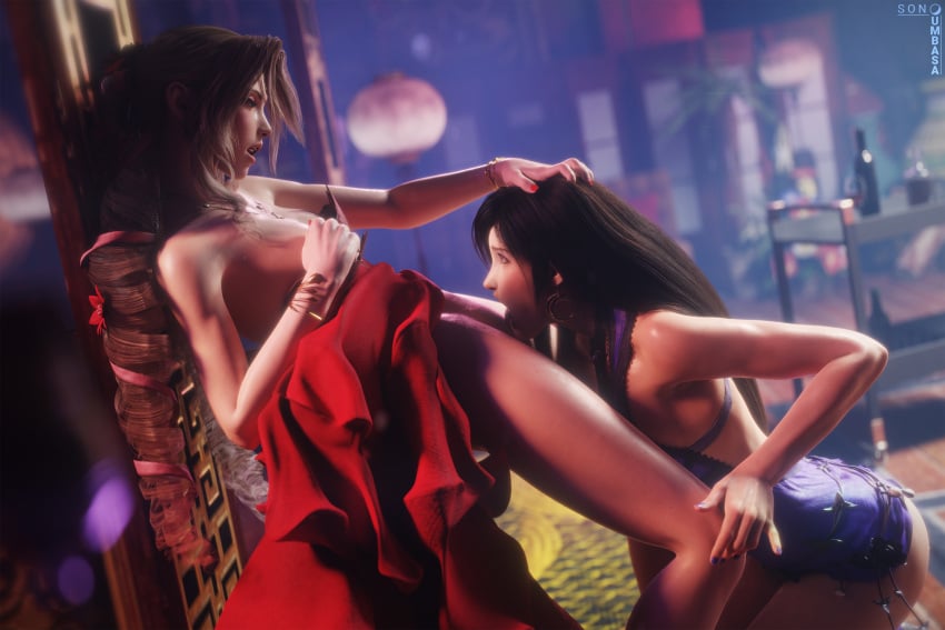 2girls 3d aerith_gainsborough against_wall bare_shoulders black_hair blender_(software) brown_hair cunnilingus final_fantasy final_fantasy_vii final_fantasy_vii_remake green_eyes licking licking_pussy long_hair open_mouth oral red_dress red_eyes son_umbasa tifa_lockhart yuri