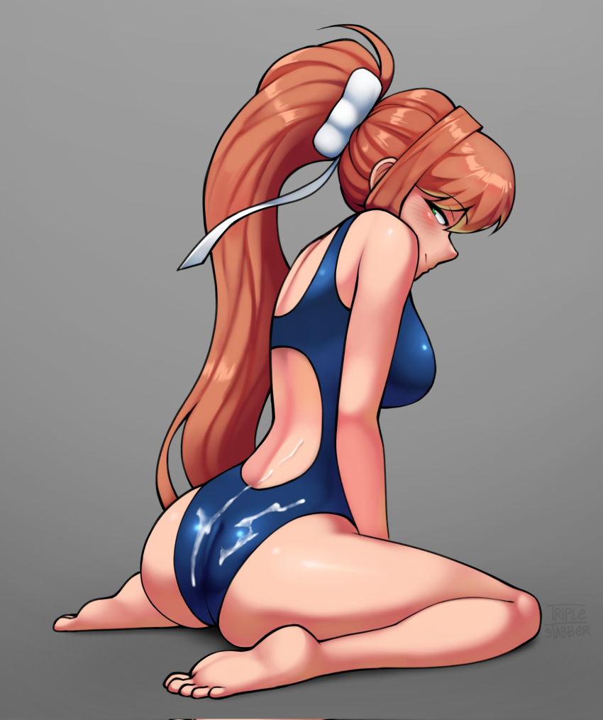 1girls ass big_breasts blush brown_hair clothed cum cum_on_back doki_doki_literature_club green_eyes long_hair looking_at_viewer looking_back monika_(doki_doki_literature_club) ponytail presenting ribbon sitting smile solo swimsuit thick_thighs triplestabber