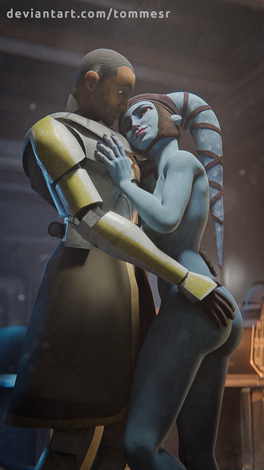 1boy 1girls 3d aayla_secura airress3d_(3d-modeller) alternate_version_available armor ass_grab blue_skin clone_wars closed_eyes clothed clothed_male clothing commander_bly crop_top facepaint female gloves groping hand_on_ass head_on_chest headgear helmet helmet_removed hug hugging human human_on_humanoid humanoid interspecies jedi jedi_master lipstick male military_uniform no_sex nude nude_female nudity purple_lipstick soldier standing star_wars tommesr_(artist) twi'lek uniform wholesome