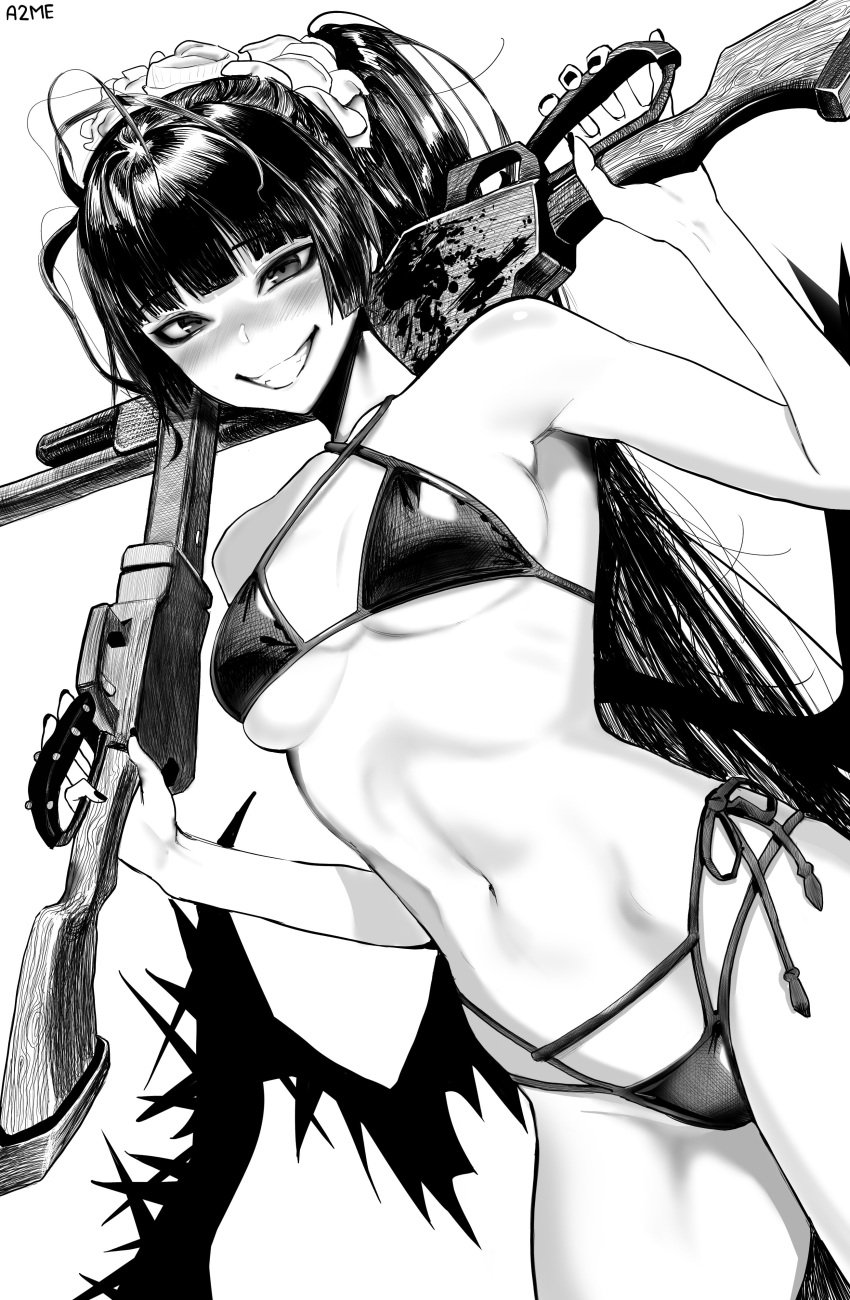 aa2mee armpits bangs bikini bikini_bottom bikini_top black_and_white black_bikini black_hair blood blood_on_weapon blood_stain blush blushing_at_viewer boob_window breasts character_request commission commission_art commissioner_upload eyebrows eyebrows_visible_through_hair female female_only fingers front_view gun guns hand hand_holding_object long_hair maid_headdress messy_hair nails no_background no_text small_bikini smiling smiling_at_viewer solo solo_female solo_focus stomach teeth teeth_showing teeth_visible thighhighs thighs watermark weapon_on_back weapon_over_shoulder weapons white_background white_body white_skin wood