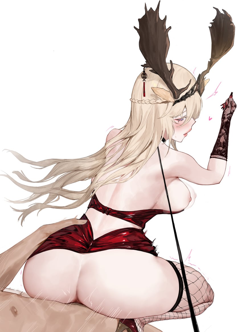 1boy absurdres afterimage animal_ears antlers arknights ass bare_shoulders black_gloves blonde_hair blue_eyes blush bouncing_breasts breasts breasts_out clothes_lift commission cowgirl_position deer_antlers deer_ears deer_girl doctor_(arknights) elbow_gloves female fishnet_gloves fishnet_thighhighs fishnets gloves heart highres large_breasts leash long_hair looking_back male_pubic_hair mole mole_under_eye nail_polish nipples no_panties parted_lips pixiv_commission pubic_hair red_nails red_skirt reverse_cowgirl_position sawaki_ken sex sex_from_behind skirt skirt_lift squatting straddling straight thighhighs torso_grab very_long_hair viviana_(arknights)