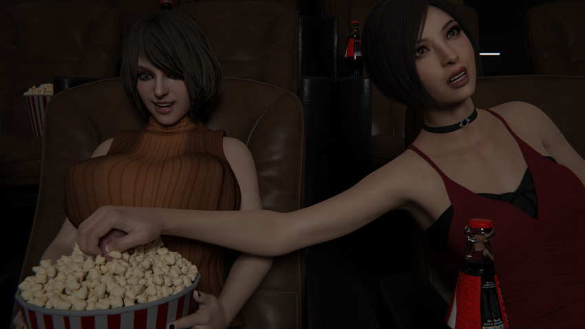 1futa 1girls 3d ada_wong ashley_graham ashley_graham_(ella_freya) brunobwh female futa_on_female futanari grabbing_penis handjob movie_theater oblivious penis_in_popcorn_bucket popcorn public resident_evil resident_evil_4 resident_evil_4_remake tricked unaware