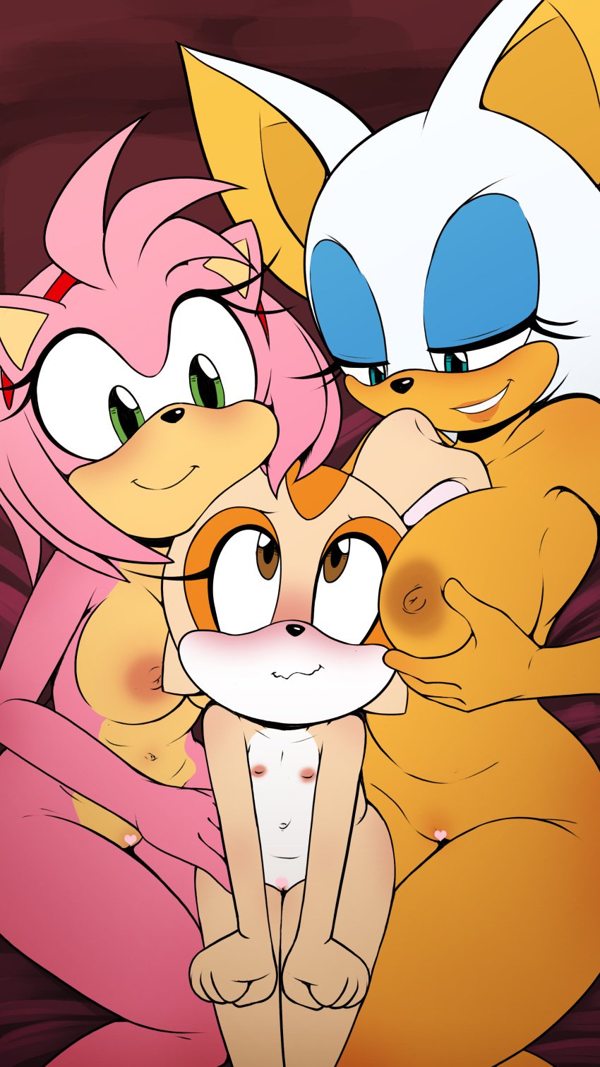 3girls age_difference amy_rose bat blue_eyes blush breasts brown_eyes bunny censored cream_the_rabbit cub embarrassed female_pervert flat_chest furry gr gr_(artist) green_eyes hedgehog large_breasts navel nipples nude pussy rouge_the_bat sega smile sonic_(series) sonic_the_hedgehog_(series) yuri