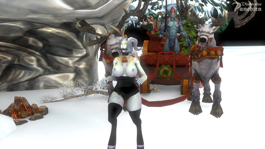 1boy 1girls 3d bell_collar big_penis blizzard_entertainment christmas collar draenei huge_breasts interspecies nipple_piercing original_character panchira_(character) petplay thick_thighs troll troll_(warcraft) vindicator_panchira warcraft winter_veil world_of_warcraft zandalari_troll