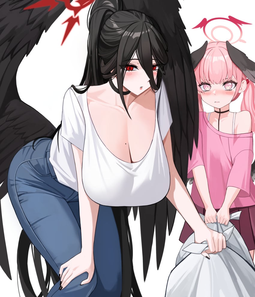 2girls black_hair blue_archive blush busty choker cleavage curvy ddog hasumi_(blue_archive) huge_breasts jeans justice_task_force_(blue_archive) koharu_(blue_archive) make-up_work_club_(blue_archive) mole mole_on_breast mommy mommy_kink pink_hair ponytail red_eyes shirt staring_at_another trinity_general_school_student wings young yuri