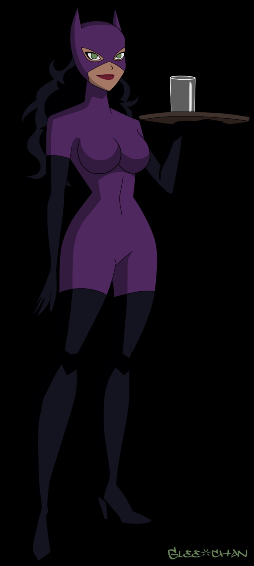 batman_(series) batman_and_harley_quinn black_background black_hair catwoman_(cosplay) dc_comics dcuaom female_only glee-chan green_eyes holding_plate purple_outfit solo solo_female waitress