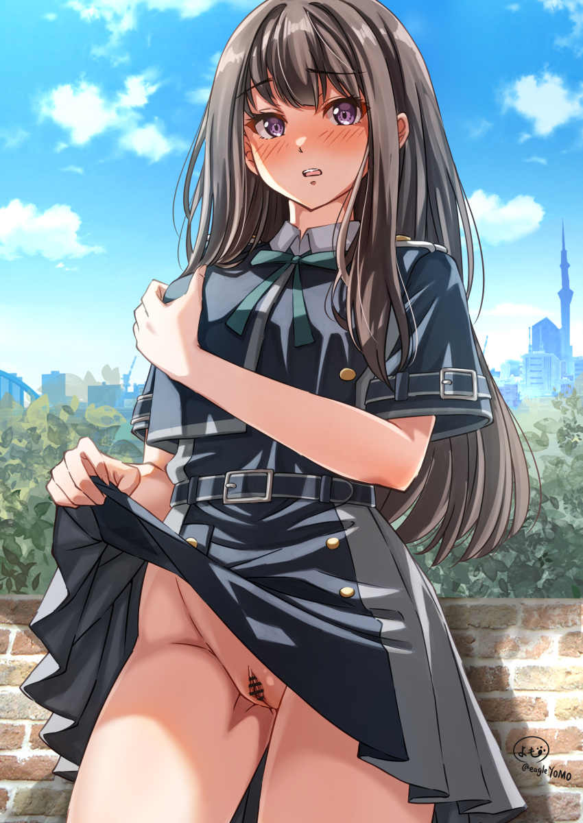 absurdres bar_censor belt black_hair blue_belt blue_dress blue_sky censored clothes_lift cloud collared_shirt day dress dress_lift female green_ribbons grey_dress highres inoue_takina lifted_by_self long_hair lycoris_recoil lycoris_uniform neck_ribbon no_panties outdoors pleated_dress purple_eyes pussy ribbon shirt sky solo two-tone_dress white_shirt yomo