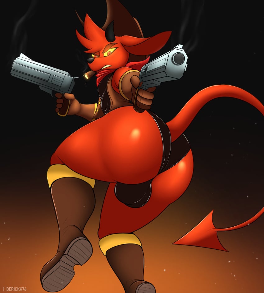 absurd_res aiming_at_viewer anthro ass backsack balls bandana big_butt boots cigar clothing cowboy_boots cowboy_hat demon derickk76 femboy footwear fur genitals gremile_'hotshot' gun handgun hat headgear headwear hi_res horn imp kerchief kings_of_hell leotard male male_only pistol ranged_weapon red_body red_eyes red_fur smoking solo spade_tail tail weapon yellow_sclera