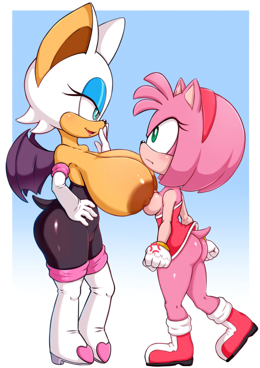 2girls amy_rose angry ass bat blue_eyes breast_envy breasts cameltoe furry green_eyes hedgehog huge_breasts looking_at_another nipples pussy rouge_the_bat sega sonic_(series) sonic_the_hedgehog_(series) ya-ya-tan