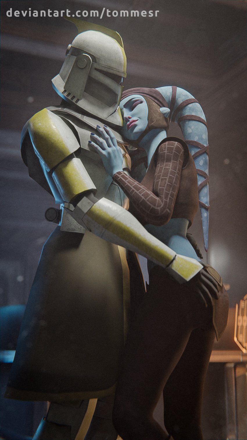 1boy 1girls 3d aayla_secura airress3d_(3d-modeller) alternate_version_available armor ass_grab blue_skin brown_clothing clone_wars closed_eyes clothed clothing commander_bly crop_top female gloves groping hand_on_ass head_on_chest headgear helmet hug hugging human human_on_humanoid humanoid interspecies jedi jedi_master lipstick loincloth male military_uniform no_sex purple_lipstick soldier standing star_wars tommesr_(artist) twi'lek uniform wholesome