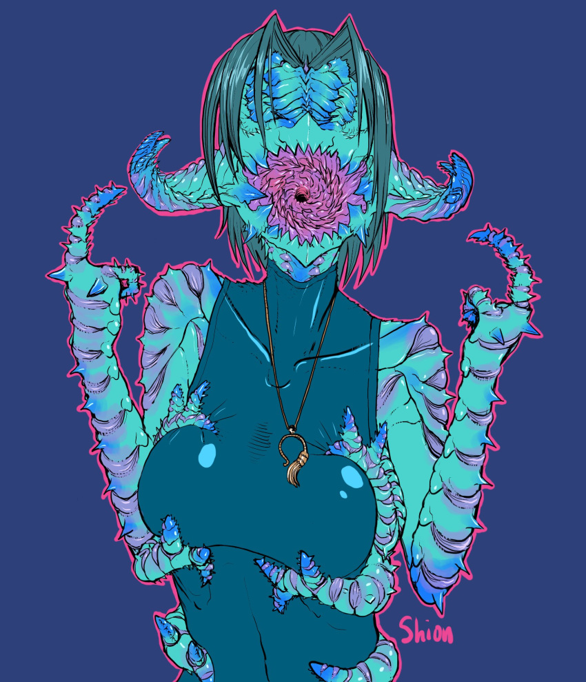 2d arthropod black_hair blue_skin claws female gold_necklace how_do_i_tag_this mandibles monster_girl nightmare_waifu no_eyes no_tongue open_mouth oral_invitation presenting_mouth sole_female solo tagme tight_clothing unusual_anatomy unusual_mouth whirlpool_throat