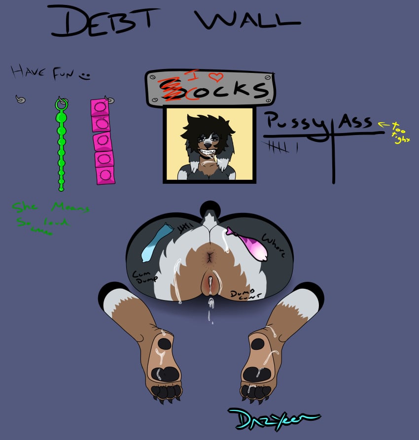 absurd_res anal_beads anthro anus bodily_fluids body_writing canid canine canis chart clothing condom cum cum_inside cum_on_feet dachshund dazyeen debt degradation domestic_dog feet female filled_condom footwear genital_fluids genitals glory_hole hi_res hole_in_wall hunting_dog mammal photo portrait_(object) public_use pussy sex_toy sexual_barrier_device socks socks_(dazyeen) soles solo solo_focus through_wall