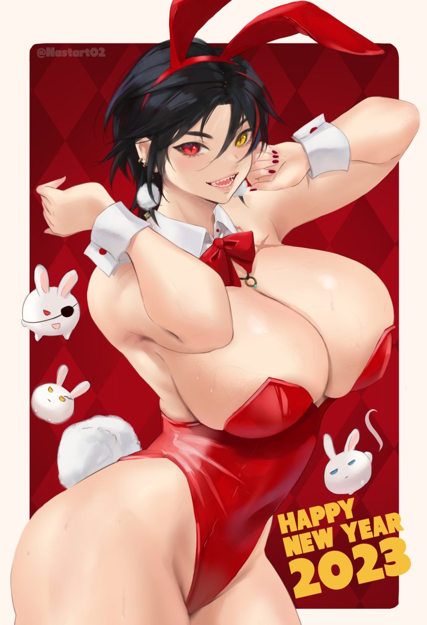 1girls armpits ass ass big_breasts black_hair breasts bunny_costume bunny_ears bunny_girl bunnysuit female female_focus female_only heterochromia huge_breasts nastart new_year_2023 original original_character pink_eyes red_background sergia_(nastart) sharp_teeth short_hair simple_background solo solo_female solo_focus thick_thighs thighs tomboy yellow_eyes