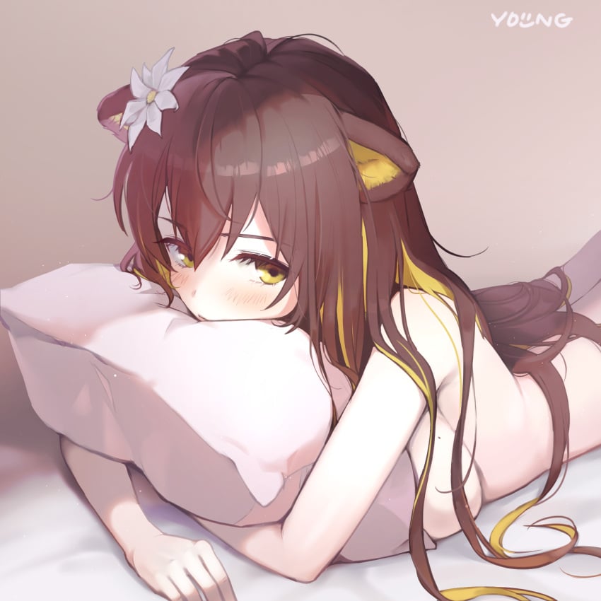 1girls 2023 animal_ears arknights blush breast_squeeze breasts brown_hair cat_ears catgirl cute flower_in_hair folinic_(arknights) hi_res kemonomimi light-skinned_female light_skin long_hair looking_at_viewer lying lying_on_bed multicolored_hair naked nude pillow pillow_hug solo yellow_eyes young772