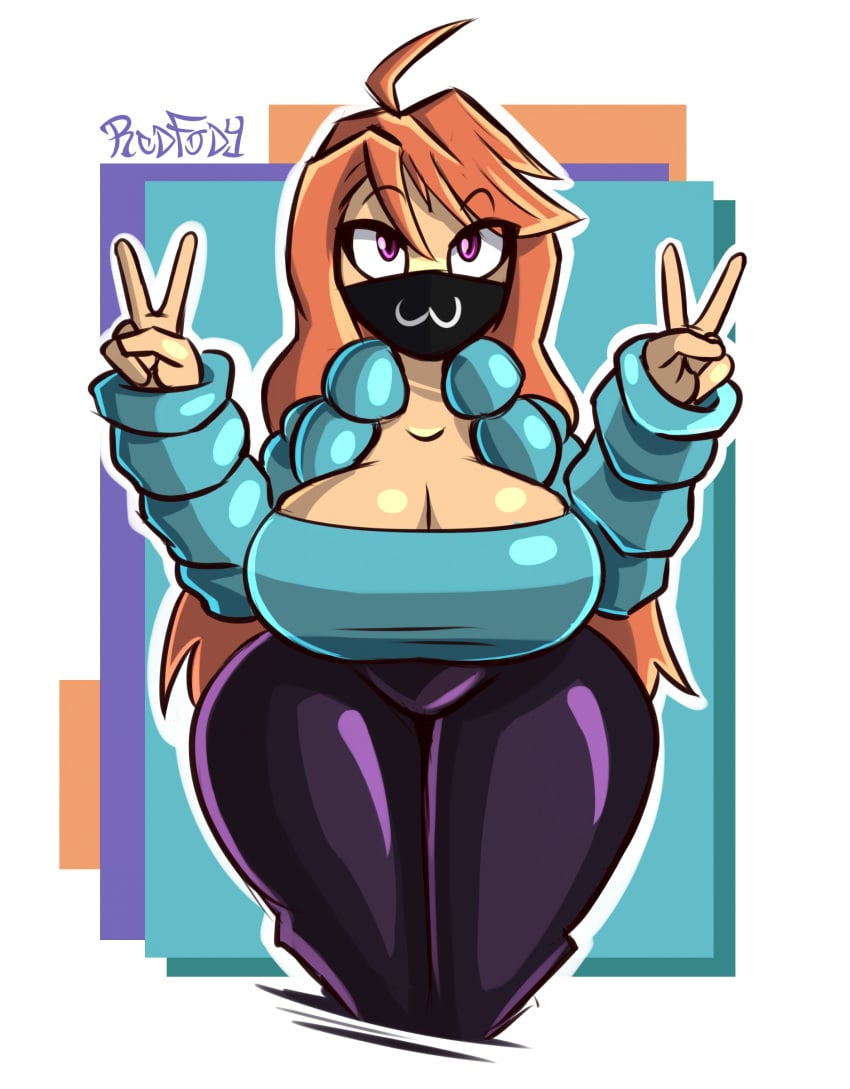 big_breasts big_thighs boob_window celeste_(game) clothed darkfody female female_only madeline_(celeste) masked massive_breasts redfody_(artist) redhead thick_thighs