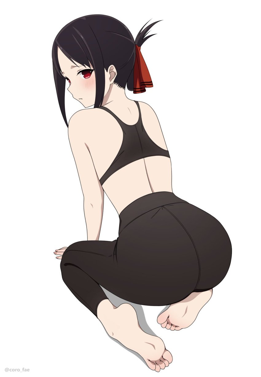 1girl 1girls accurate_art_style anime anime_style ass ass_focus big_ass black_bra black_hair black_leggings black_sports_bra blush blush_lines bra coro_fae fat_ass feet female female_focus female_only full_body fully_clothed horny horny_female kaguya-sama_wa_kokurasetai_~tensai-tachi_no_renai_zunousen~ leggings leggings_only light-skinned_female light_skin looking_at_viewer looking_back official_style petite petite_body petite_female red_eyes shinomiya_kaguya short_hair shy small_breasts soles sports_bra sportswear teenage_girl teenager toes waist white_background young_female