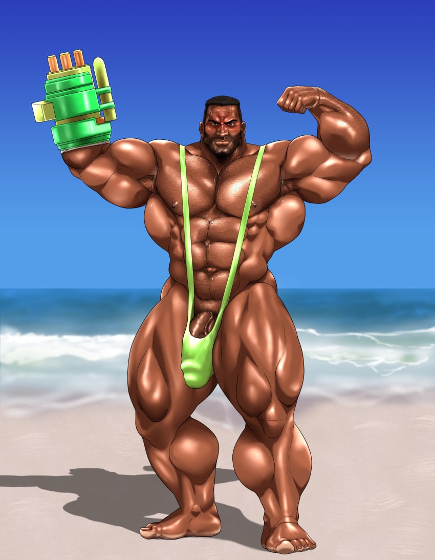 balls banana_hammock bara barret_wallace beard big_penis black_hair bulge dark-skinned_male dark_skin facial_hair final_fantasy final_fantasy_vii flaccid flexing green_mankini hitenmaru male male_only mankini muscles muscular penis prosthetic_arm solo solo_male sweat sweating thong