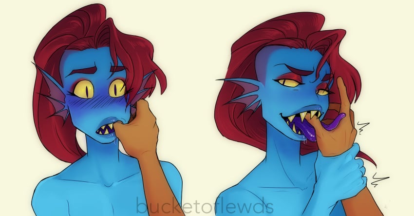 1girls anthro artist_name blue_body blue_fur bucketoflewds deltarune female female_focus fish fish_girl grabbing_wrist licking licking_hand marine monster monster_girl mouth_play red_hair sharp_teeth solo_focus tagme tongue undertale undertale_(series) undyne unseen_character upper_body white_background wrist_grab yellow_sclera yellow_teeth