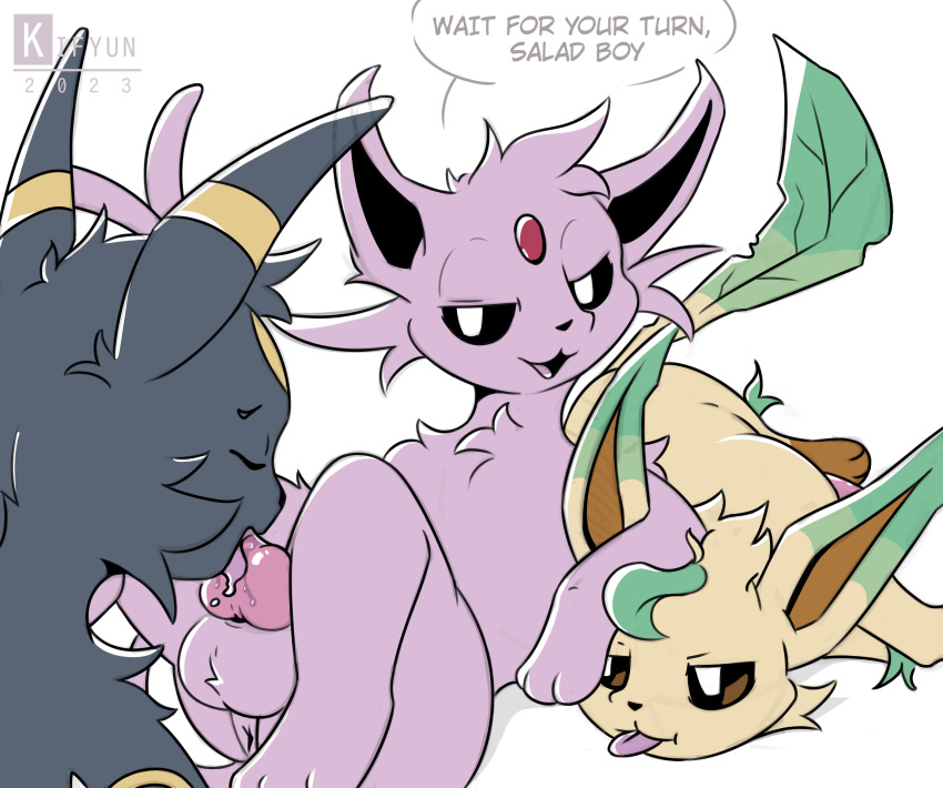 ambiguous_gender black_body black_eyes black_fur blacky_(pokemon) blep bodily_fluids closed_eyes colored eeveelution eifie_(pokemon) espeon fellatio feral flat_colors fur generation_2_pokemon generation_4_pokemon genitals group group_sex hi_res kifyun2 leafeon leafia looking_at_viewer lying male nintendo on_back on_side open_mouth oral penile penis pink_body pink_fur pokemon pokemon_(species) saliva sex speech_bubble text threesome tongue tongue_out trio umbreon yellow_body yellow_fur