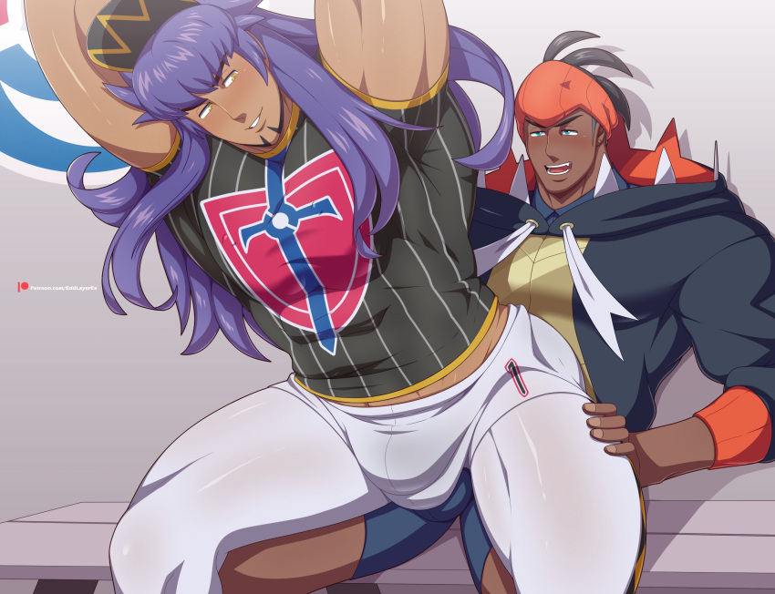 2boys bara beard blue_eyes blush bulge bulge_through_clothing cap dark-skinned_male dark_hair edd_layerex fully_clothed gay hand_on_thigh headband hoodie leggings leon_(pokemon) long_hair looking_back_at_partner male male_only muscular_male muscular_thighs pokemon pokemon_ss purple_hair raihan_(pokemon) rubbing_against shorts sitting_on_bench sitting_on_bulge sitting_on_lap tight_clothing yellow_eyes