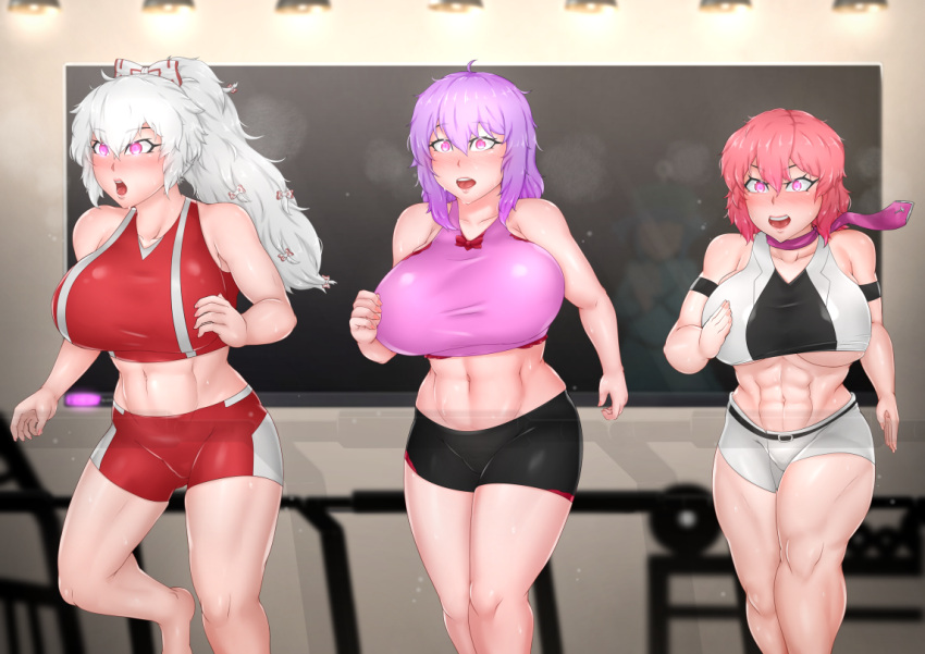 abs chanary female female_only fujiwara_no_mokou fully_clothed huge_ass huge_breasts hypnosis iku_nagae lips midriff mind_control navel raiko_horikawa sportswear thick_thighs touhou wide_hips