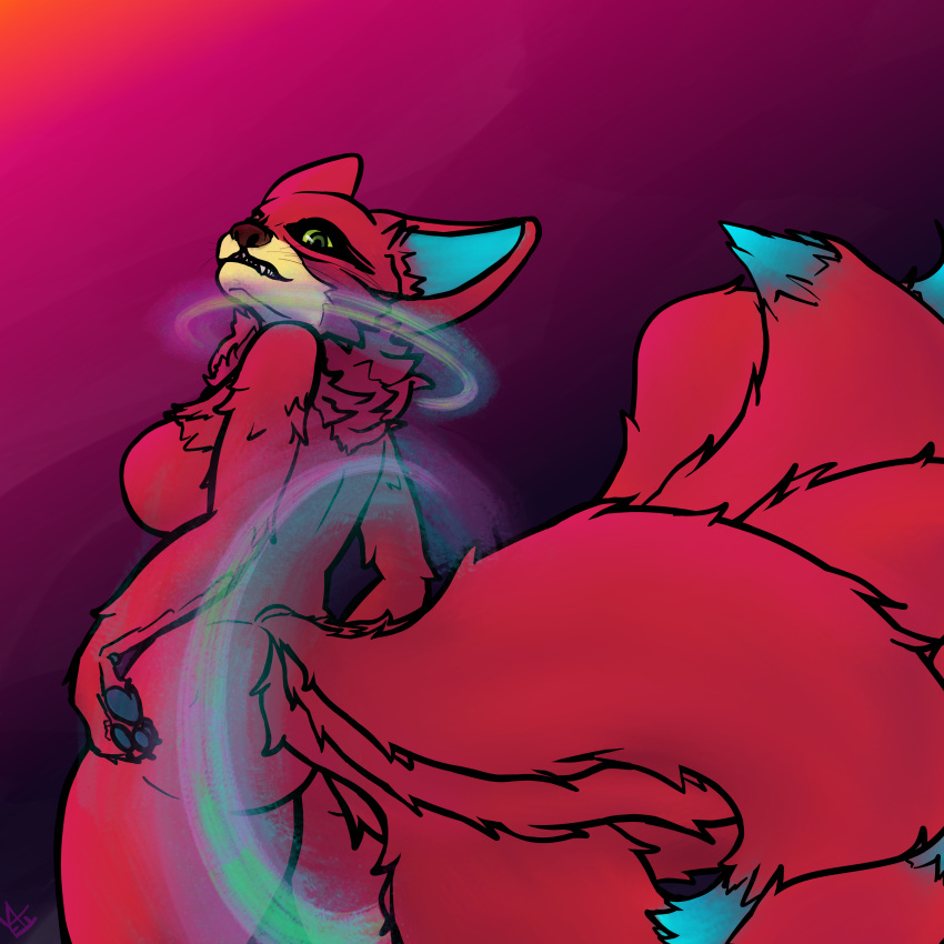 2019 6_tails anthro big_ass big_butt fennec_fox fox fox_ears fox_girl fox_humanoid fox_tail furry furry_only furry_tail fuzzy galaxy green_eyes large_ass large_butt looking_at_viewer looking_back looking_back_at_viewer magenta_fur pink_fur self_upload smirk smirking wide_hips yetig