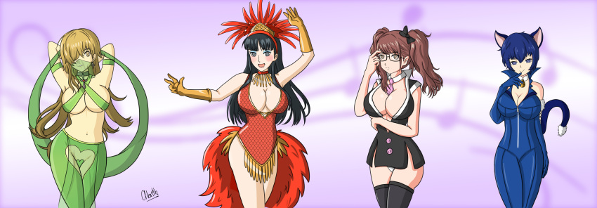 4girls alerith alternate_hairstyle amagi_yukiko black_hair blue_eyes blue_hair blush brainwashing breasts brown_eyes brown_hair cat_ears cat_tail catsuit cleavage dancer drool female female_only forced_employee glasses gloves hair_covering_one_eye happy_trance harem_outfit hypnosis kujikawa_rise large_breasts latex long_hair makeup mind_control multiple_girls office_lady persona persona_(series) persona_4 personality_change satonaka_chie secretary shirogane_naoto short_hair showgirl smile spiral_eyes symbol_in_eyes tie twintails underboob veil