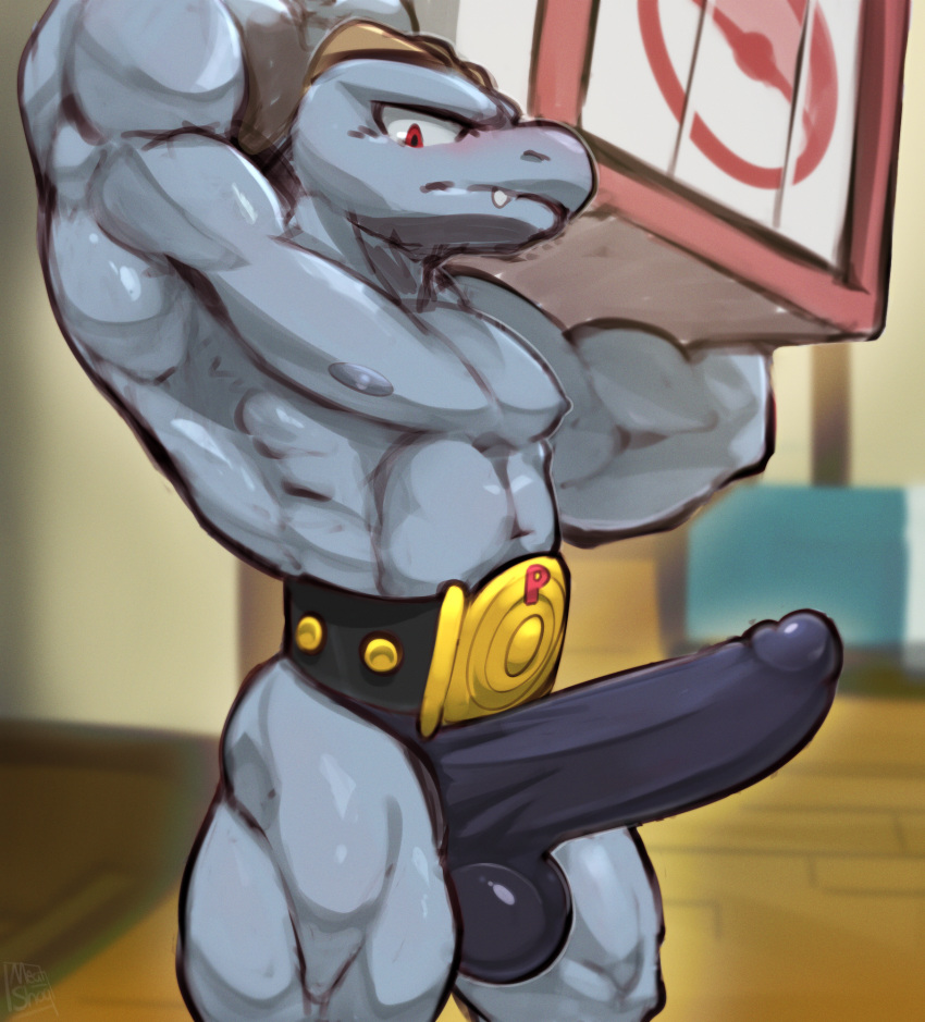 2020s 2023 anthro balls balls_outline bara barazoku big_balls big_penis biped blush bulge clothed clothing digital_media_(artwork) erection erection_under_clothing genital_outline genitals grey_body hi_res huge_cock humanoid_genitalia humanoid_penis machoke male male_only meatshaq muscular muscular_anthro muscular_male nintendo pecs penis penis_outline pokemon pokemon_(species) pupils red_eyes slit_pupils solo