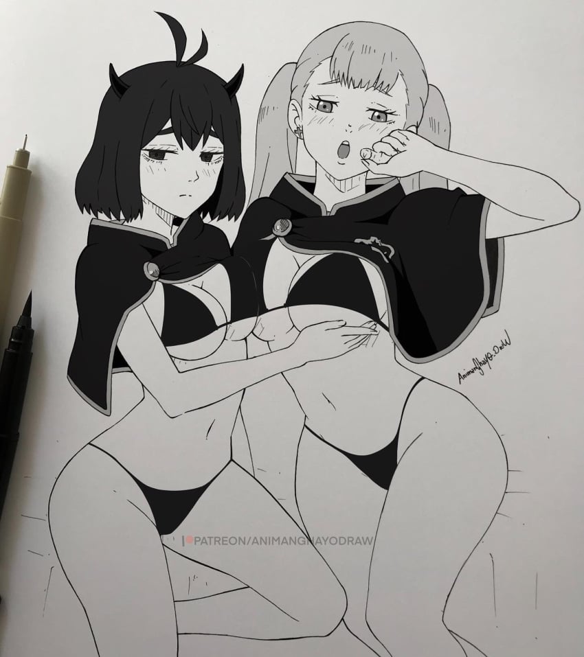 2girls animanghayodraw bikini black_bulls_uniform black_clover boobies boobs breast_grab breasts female female_only monochrome multiple_girls noelle_silva secre_swallowtail tagme